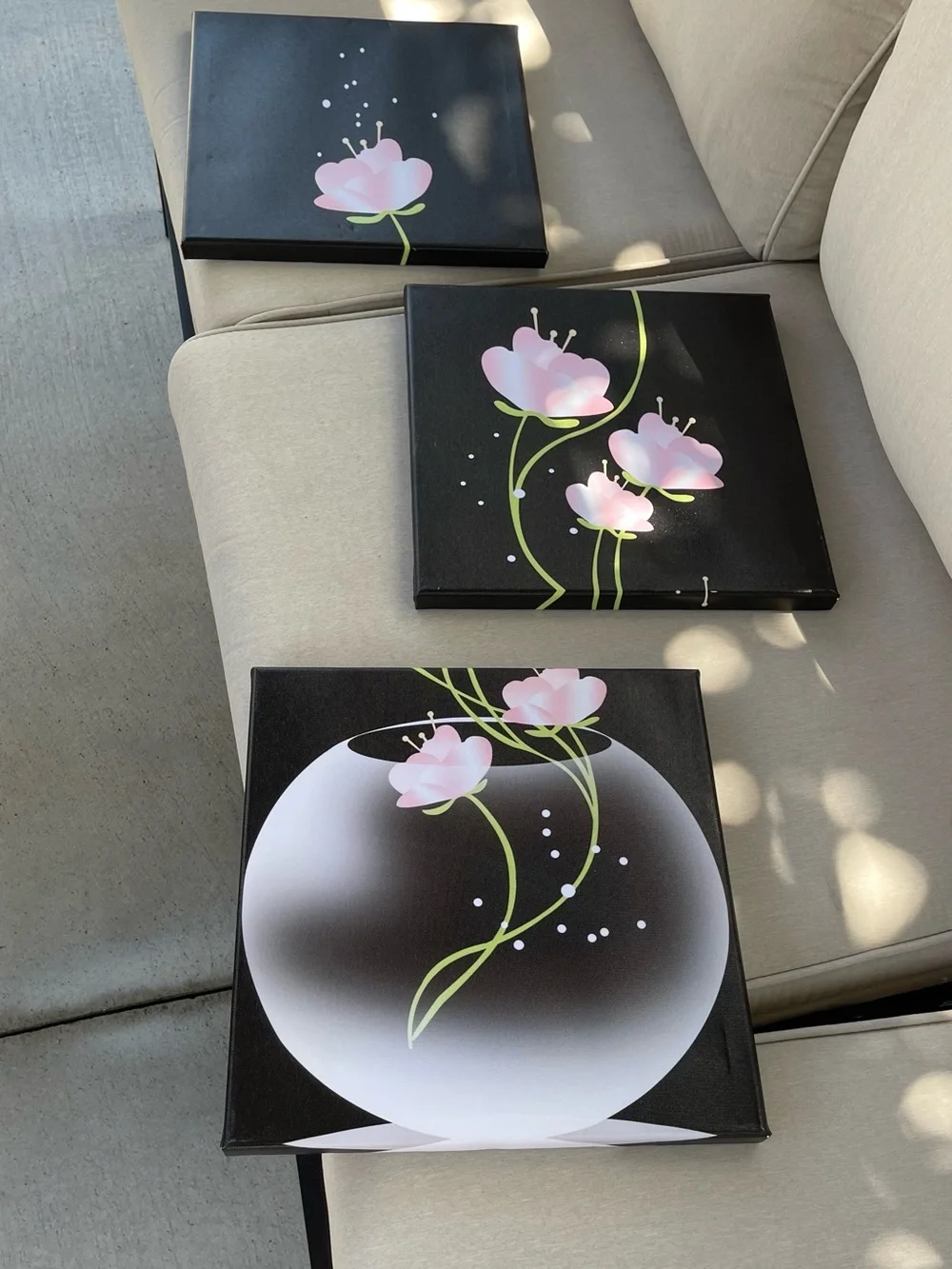 Pink Floral Trio Wall Art - Black Background